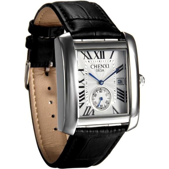 Mens Square Watch, Vintage Leather Cuff Watch, Roman Numeral Analog Quartz - Picture 1 of 7